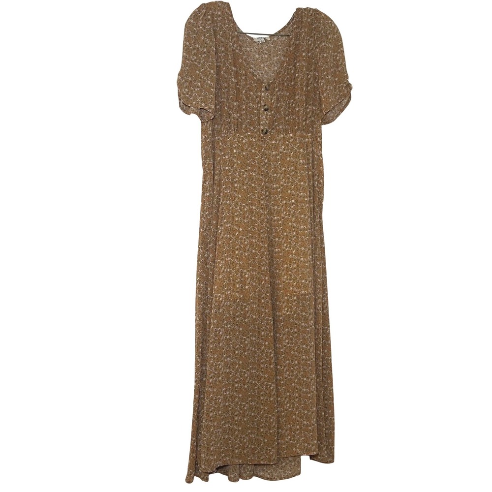 Umgee Mustard Floral V-Neck Button Front Midi Dress Puff Sleeve Size M boho